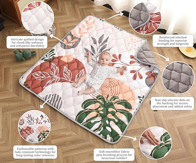 TADO MUSLIN Baby Play Mat 50x50 Inch, Thickened Soft Floor Mat for Playpen, Machine Washable Foam Crawling Mat with Non-Slip Bottom for Babies and Toddlers, Foldable Padded Playmat