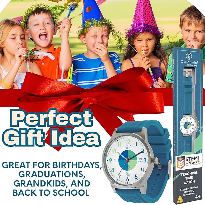 OWLCONIC Telling Time Teaching Clock - Bundled with Kids Watch. Learn to Tell Time Resources. Cool Marine Blue