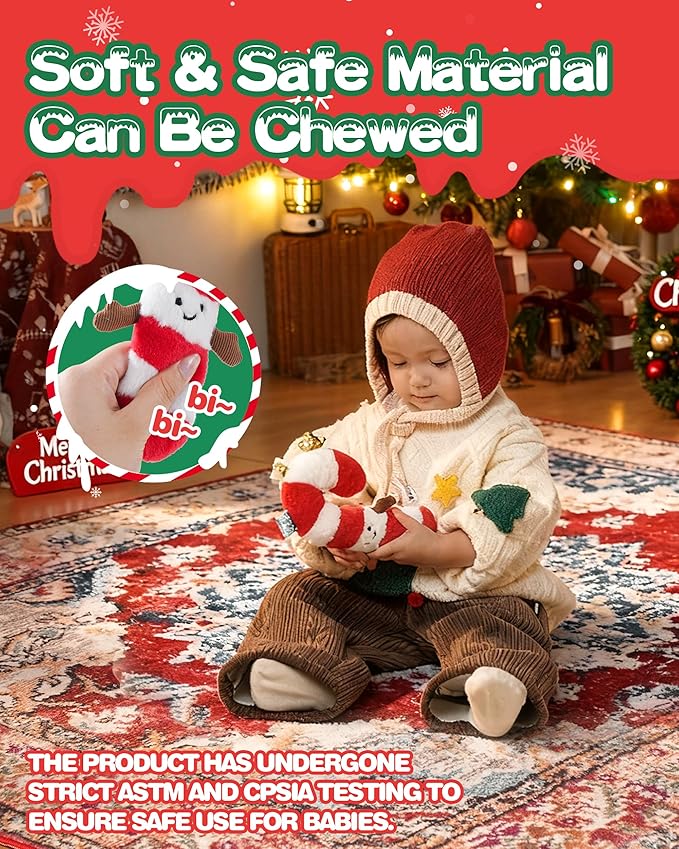 Jollybaby Car Seat Stroller Crib Toy for Baby 0-6-12-18-36 Months, My Baby First Christmas Toy Candy Cane Squeaker, Tummy Time Infants/Newborns Easter Gifts for Boy and Girl