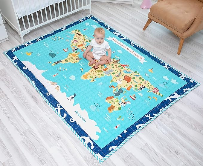 Moiré World Animal Map Learning Baby Play Mat Extra Large 76 in. x 58 Padded Crawling Carpet for Babies