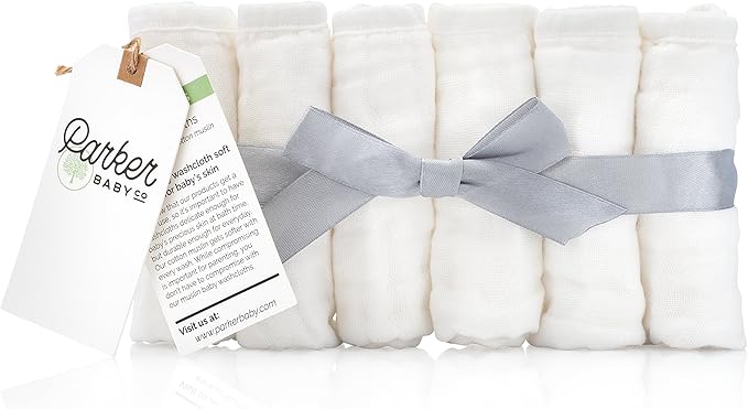 Parker Baby Washcloths - 6 Pack of 100% Cotton Muslin Wash Cloths - Soft, Absorbent and Natural - White