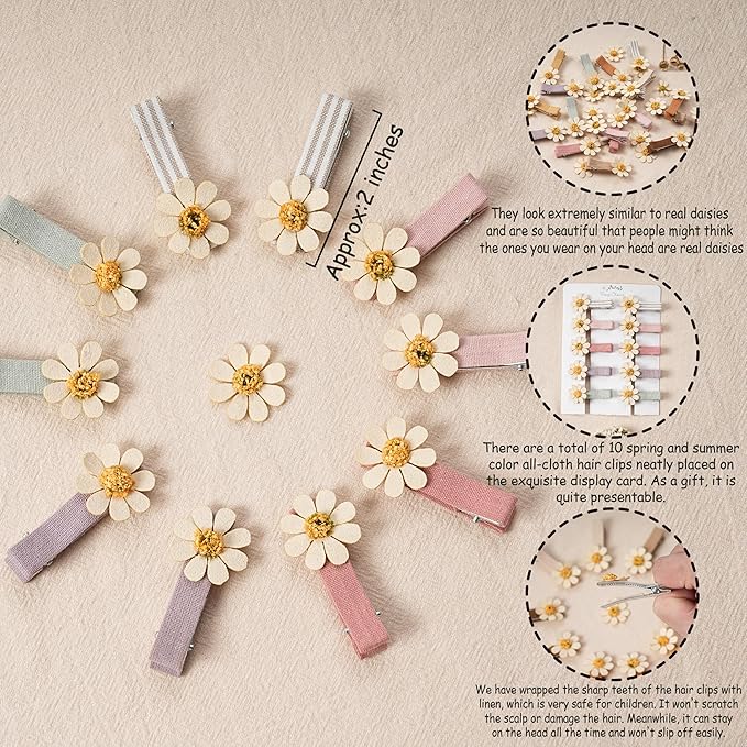 Hair Clips for Girls Women Toddler Baby,Assorted 10Pcs Spring Flower Daisy Fabric Fully Lined Small Alligator Clips Hair Accessories for Teens Child Kids with Thick Thin Hair Gifts