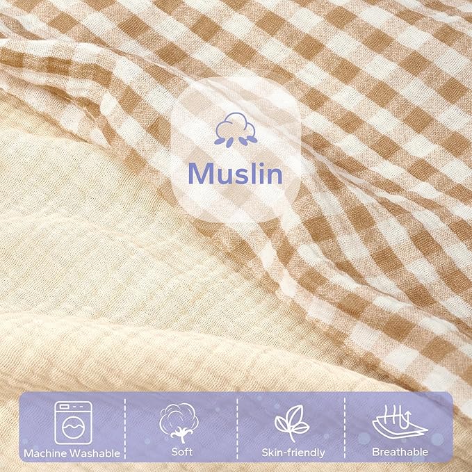 FUNUPUP Muslin Baby Lounger Cover Compatible with Snuggle Me Lounger, Infant Pillow Cover for Newborn, Removable Nest Slipcover for Boys and Girls, Only Cover, Beige and Plaid
