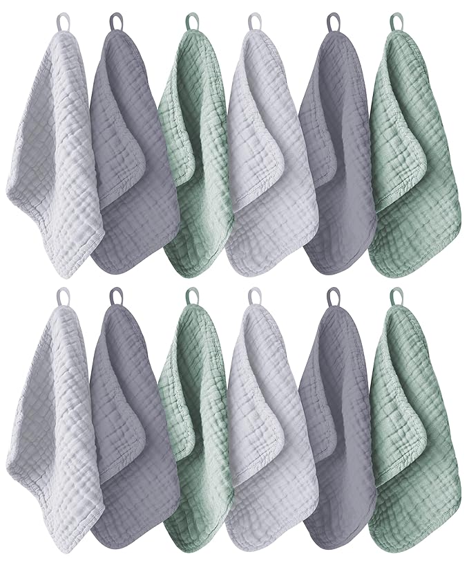 Ease Cubs 12 Pack Muslin Washcloths for Baby - 100% Cotton Baby Wash Cloths for or Baby Face Body Comfy and Soft for Newborn Infants Kids Girls and Boys - 12"x12" - Grey, Green and Slate