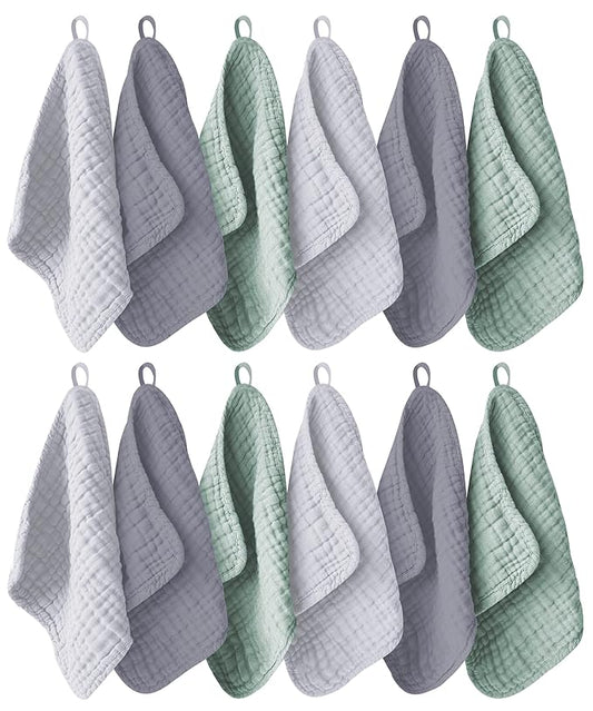 Ease Cubs 12 Pack Muslin Washcloths for Baby - 100% Cotton Baby Wash Cloths for or Baby Face Body Comfy and Soft for Newborn Infants Kids Girls and Boys - 12"x12" - Grey, Green and Slate