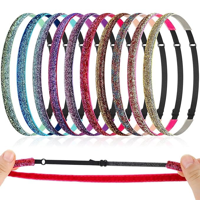 WILLBOND 10 Pcs Glitter Non Slip Running Headbands Girls Elastic Sports Velvet Sparkly Fabric Stretchy Shiny Headband Workout Fashion Hair Accessories for Women Party Favor(0.4 Inches,Multicolor)