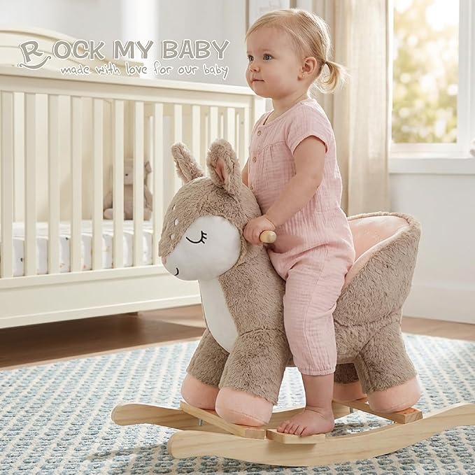 Rock My Baby Rocking Horse Deer with Chair, Plush Stuffed Animal Rocker for Toddlers 1-3, Baby Rocker with Sweet Music, Animal Ride on,Pink Deer,CPC Certified