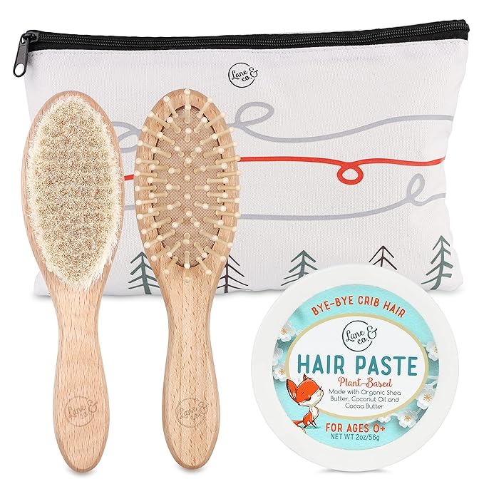LANE & CO. Hair Gel for Kids with Goat-Hair Brush & Hard-Bristle Hairbrush- Plant-Based Styling Paste for Baby, Toddler - Natural, Organic, Child-Safe Formula with Shea & Cocoa Butter, Coconut Oil