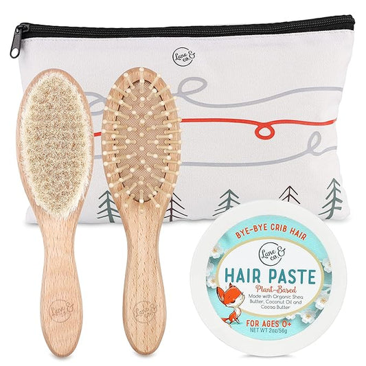 LANE & CO. Hair Gel for Kids with Goat-Hair Brush & Hard-Bristle Hairbrush- Plant-Based Styling Paste for Baby, Toddler - Natural, Organic, Child-Safe Formula with Shea & Cocoa Butter, Coconut Oil