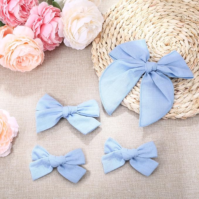 4 Pcs Blue Hair Bow, Cotton Linen Hair Bows, Girls Bows for Hair, Toddler Hair Accessories, Alligator Clips Knot Hair Bows for Girls, Light Blue Bow, 3 Styles & 3 Sizes