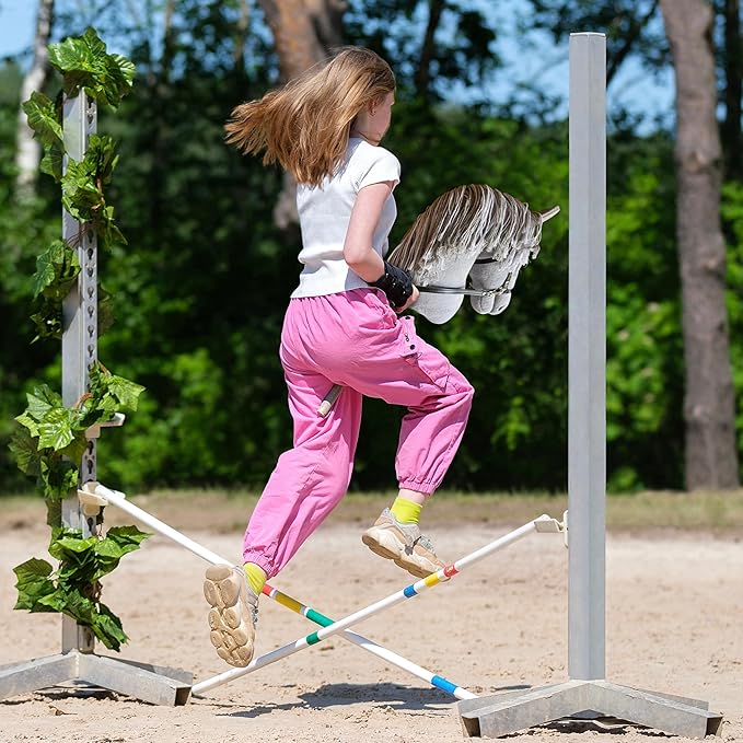 Playful Minds Large Hobby Horse for Kids and Adults – Show Quality with Rhinestone Studded Bridle, Removable Reins, and Long Mane – Plush Handmade Tournament Stick Horse, Grey