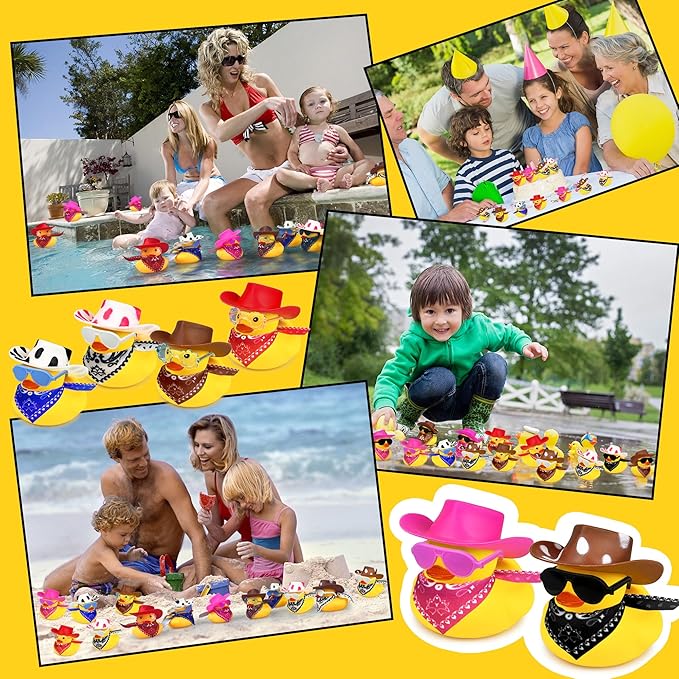 12 Sets Cowboy Ducks with Mini Hat Scarf and Sunglasses Mini Bath Duck Toys for Birthday Swimming Party Gift Favor Decorations
