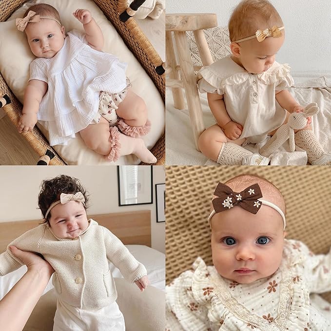 Fancy Clouds Baby Girl Bows Headbands,10 pcs Stretchy Soft Nylon Hairbands Hair Bows for Newborns, Infants, Toddlers - Handmade Baby Hair Accessories for Girls