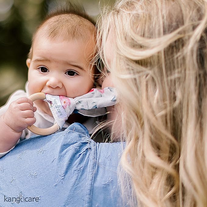 Kanga Care Baby Soft Muslin Sensory Crinkle Bunny Ear Wood Teething Ring - Lily Flowers