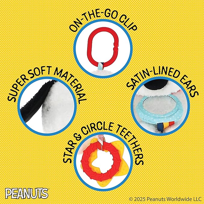 Kids Preferred Peanuts Snoopy Activity Toy - Jingle, Mirror, Teethers, Crinkle, Ribbons, Crinkle, Satin Accents, Soft Plush, On-The-Go Clip, 12 in