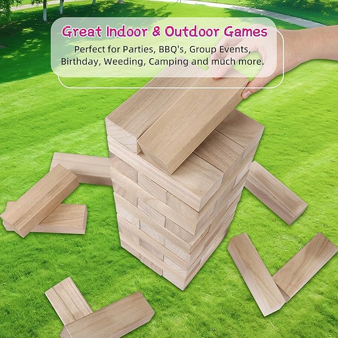 GOTHINK Giant Tumble Tower Game, Large Tumbling Tower Stacking to Over 5 FT 54pcs Wooden Jumbo Blocks for Outside Yard Games with Carry Case Timber Stacking Game Night Toy Gift for Kids Adults Family
