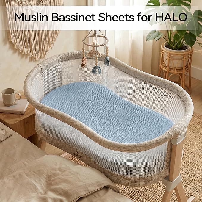 Muslin Bassinet Sheet Compatible with Halo BassiNest Swivel Sleeper - 100% Cotton Hourglass & Peanut Shape Mattress Pad Cover (30"x18"), Breathable & Soft, Boho (1 Pack Blue)