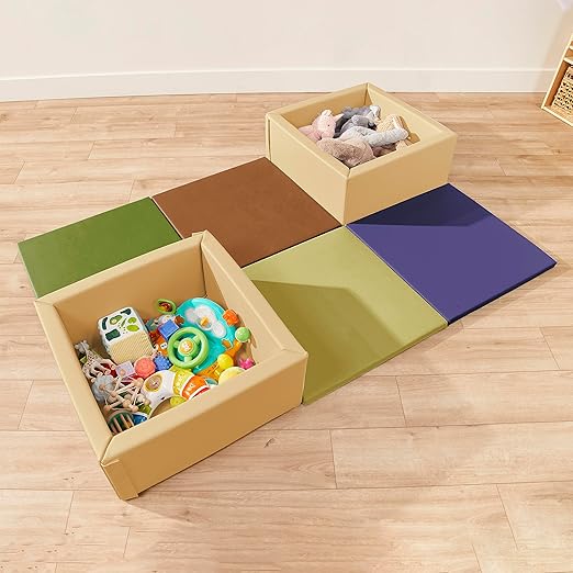 ECR4Kids SoftZone Play Patch Activity Mat Squares, Modular Playmat, Earthtone, 4-Pack