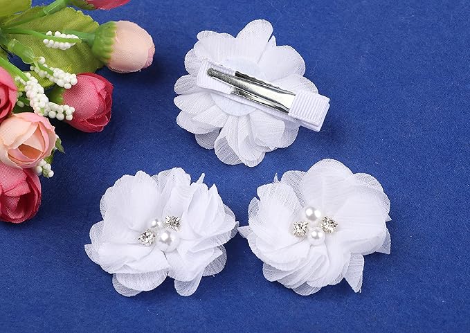 Baby Girls Chiffon Flower Hair Clips with Rhinestones and Pearl,YYCRAFT 10 pcs Party Wedding 2" Hair Accessory for Kids Toddler Infant Girls(Snow White)