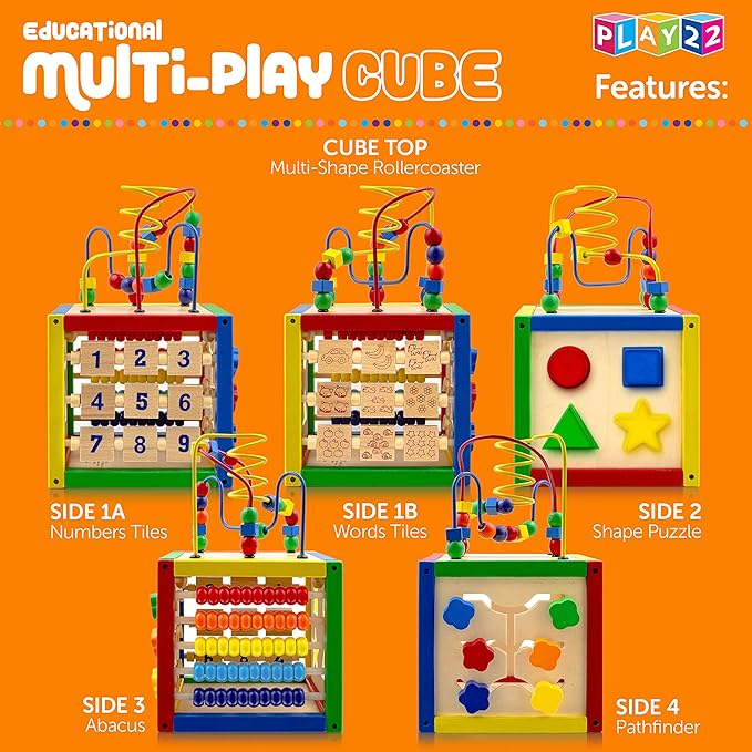 Play22 Wooden Activity Cube for Baby - 6 in-1 Baby Activity Play Cube with Bead Maze, Shape Sorter, Abacus Counting Beads, Counting Numbers, Sliding Shapes, Removable Bead Maze, 8Pcs Stacking Cups