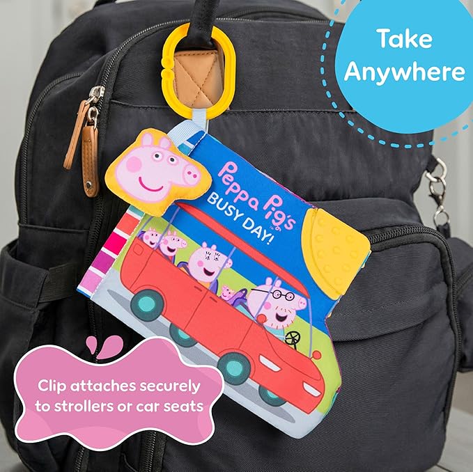 Kids Preferred Peppa Pig Soft Book with Ribbons, Teether Corner, Squeaker, Crinkle Pages, Flaps, On-The-Go Clip, Ages 0 Months and Up, 6.5 inches