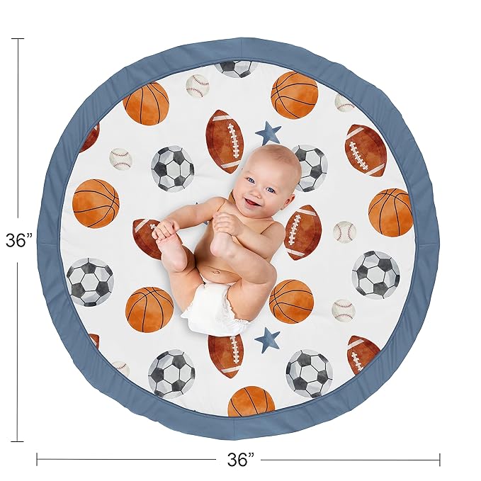 Sweet Jojo Designs Sports Theme Boy Baby Play Mat Tummy Time Activity Infant Playmat for Playpen Tent Teepee Floor Watercolor Vintage Sport Themed Soccer Football Baseball Basketball Blue Stars
