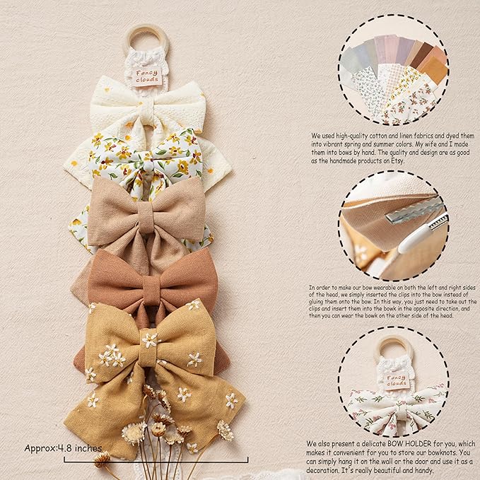 Hair Bows with Hair Clips for Girls Toddler Baby,Handmade 5" Flower Print Embroider Big Bows,FANCY CLOUDS Boutique Hair Accessorioes Gifts for School Kids