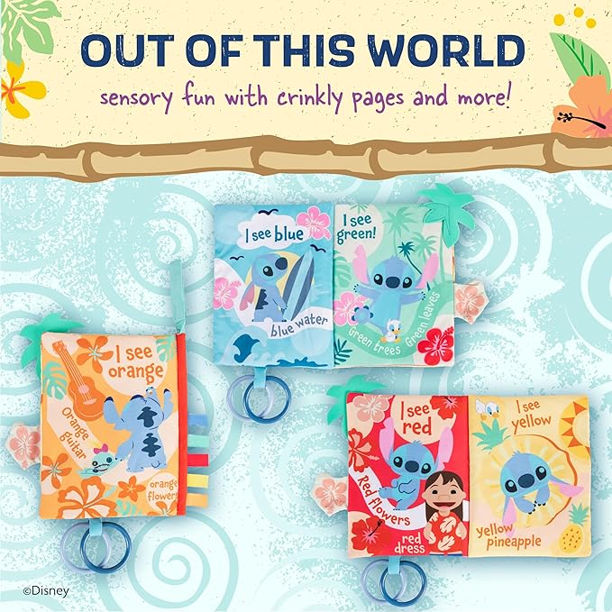 Kids Preferred Disney Baby Lilo & Stitch Sees Color Soft Book, On-The-Go Sensory Books for Babies with Crinkle Pages, Ribbons, Rings, Stroller Hook