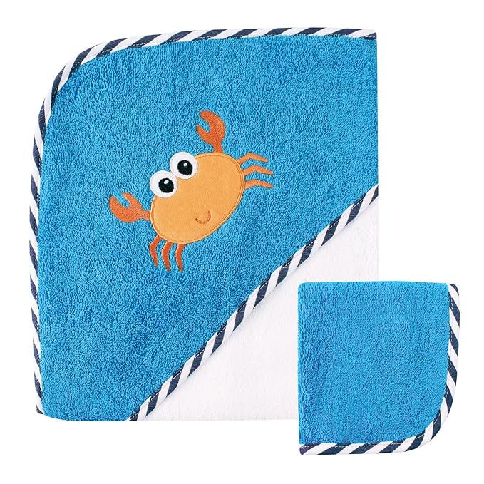 Luvable Friends Unisex Baby Cotton Hooded Towel and Washcloth, Crab, One Size