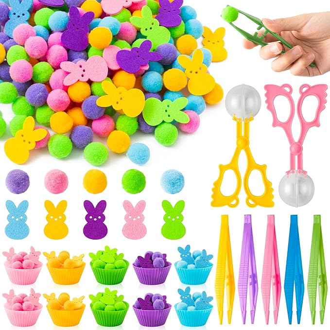 EZdhuawuse Summer Bunny Sensory Bin Fillers - 268Pcs Summer Bunny Fine Motor Toys Color Counting Sorting Set for Kids, Felt Colorful Rabbits Pom Poms Cup Clip for Preschool Education Family Activities