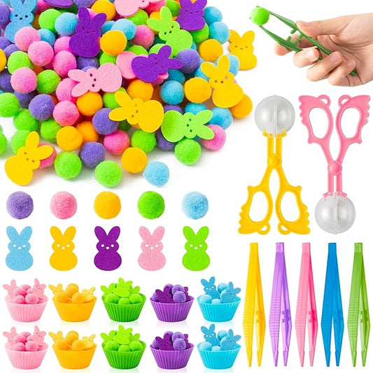 EZdhuawuse Summer Bunny Sensory Bin Fillers - 268Pcs Summer Bunny Fine Motor Toys Color Counting Sorting Set for Kids, Felt Colorful Rabbits Pom Poms Cup Clip for Preschool Education Family Activities