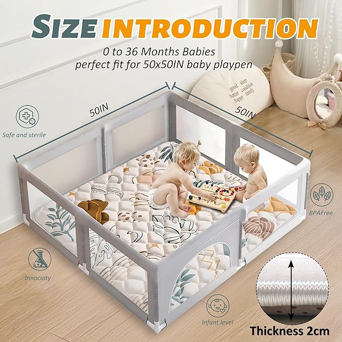 Baby Play Mats for Floor, Playpen Mat for Babies, Extra Thicker & Soft Floor Crawling Mat, Foldable Non-Slip Playmat Cushioned for Infants Toddlers (Brown-B, 50x50 Inch)