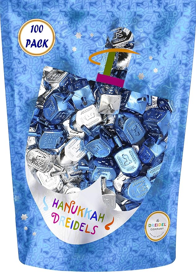 The Dreidel Company 100-Pack Hanukkah Plastic Silver & Blue Metallic Dreidels with English Translation, Spinning Tops Includes Dreidel Game Instruction Card