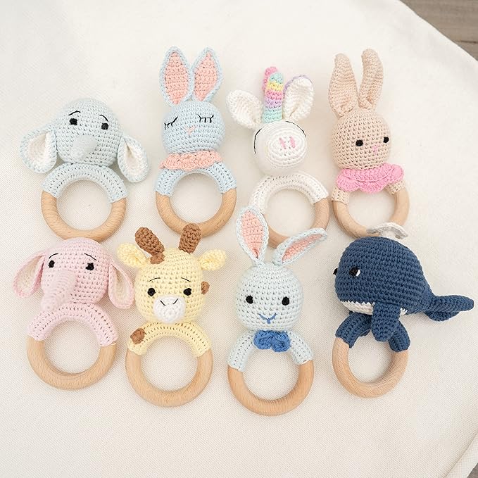Handmade Cotton Crochet Amigurumi Rattle - Educational Baby Stuff for New Moms, Stuffed Animals for Infants, Baby Boy Stuff - Blue Whale with Wooden Handle - Perfect for Newborns and Toddlers