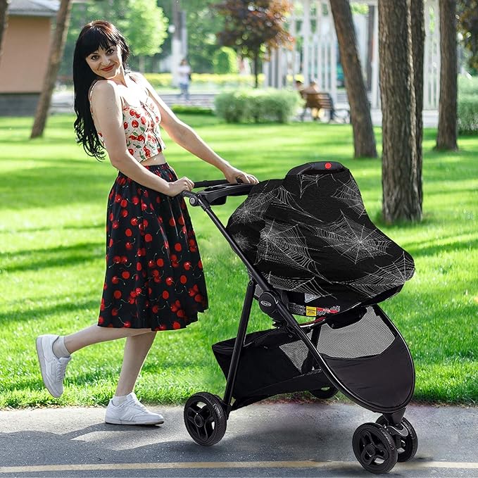 Halloween Cobweb Pattern Spider Web Black and White Design Stretchy Baby Car Seat Cover Infant Canopy Nursing Covers Breastfeeding Cover Breathable Windproof Winter Scarf for Boys Girls