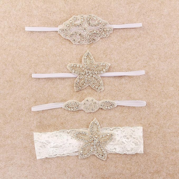 Nishine Girls White Rhinestone Flower Headband Pack Baby Christening Baptism Headband for Baby Shower Wedding Hair Accessories (Lace Star-2 Pack)