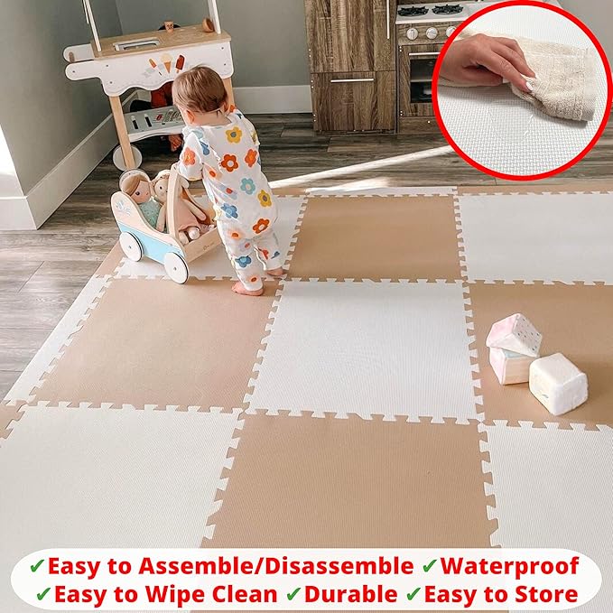 Extra Thick Baby Play Mat Tiles Non-Toxic Foam Floor Puzzle Mat Extra Large Interlocking Activity Playmat for Infants Toddlers Kids Crawling Tummy Time 74x74 Inches (Beige/White)