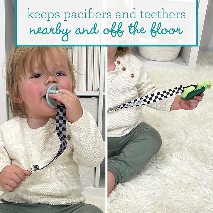 BooginHead by Infantino PaciGrip 2-Pack Pacifier Clips – Universal Fit, Gentle on Clothes, Keeps Pacifiers Clean & Close, Ages 0-36 Months, Black, Grey and White Skater