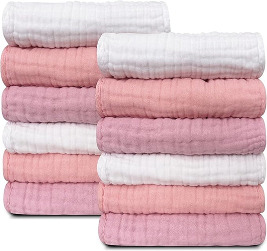 Sunny zzzZZ Baby Muslin Washcloths -100% Cotton Muslin Soft Baby Bath Wash Cloths and Absorbent Burp Cloths for Newborns Kids Girls and Boys -12 Pack, 12x12 Inches - White+Light Sakura Series