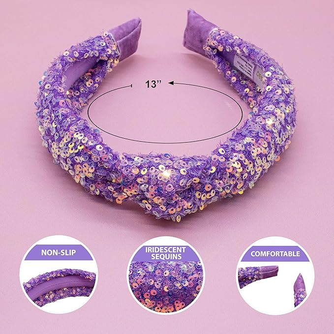 FROG SAC Sequin Knot Headband for Girls, Purple Knotted Hair Bands Accessories for Kids, Sparkly Iridescent Little Girl Headbands, Cute Fashion Hairbands for Tweens Stocking Stuffers for Children