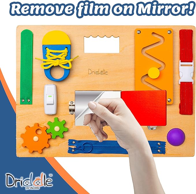 Driddle Busy Board - Wooden Montessori Activity Board for Toddlers & Kids - 12 Educational Sensory Toys to Learn Basic Life Skills & Develop Fine Motor Skills + Baby Mirror
