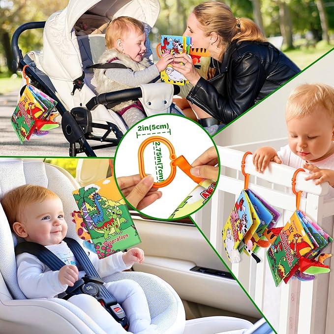 Helsort Soft Baby Books for 0-18 Months, 2PCS Crinkle Cloth Book - Dinosaur and Farm Themes, Tummy Time Toys for Infants 0-6-12-18 Months, Sensory Books for Babies, Ideal Christmas