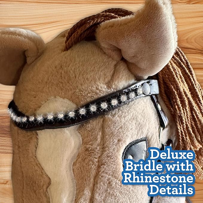 Playful Minds Large Hobby Horse for Kids and Adults – Show Quality with Rhinestone Studded Bridle, Removable Reins, and Long Mane – Plush Handmade Tournament Stick Horse, Palomino