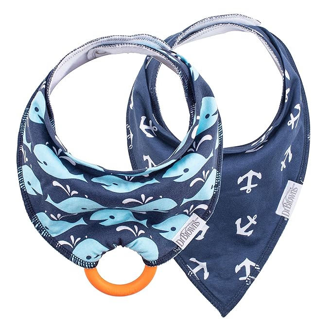 Dr. Brown's Super Soft & Absorbent Baby Bandana Bib with Snap-On Teether, 3m+, 2-Pack, Navy Whales & Anchors