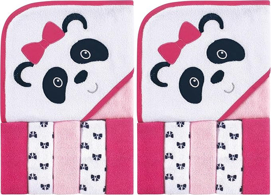 Luvable Friends Unisex Baby Hooded Towel with Five Washcloths, Panda, One Size (Pack of 2)