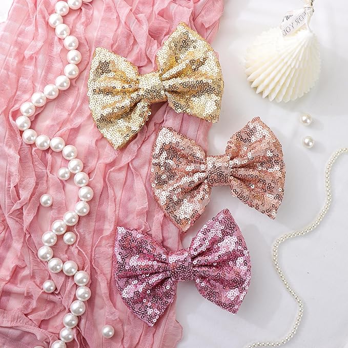 5 Inch Hair Bows for Girls Large Bows Alligator Hair Clip Sparkly Glitter Sequin Hair Bows Hair Accessories for Kids Toddler Children Gift Pink Gold
