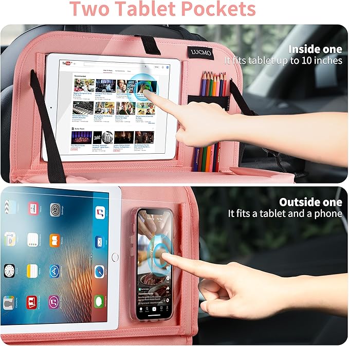 LUCMO Car Backseat Organizer with Tablet Holder-2 Pcs,6 Storage Pockets Car Storage Organizer with Foldable Food Tray,Protectors Kick Mats Travel Accessories-Pink