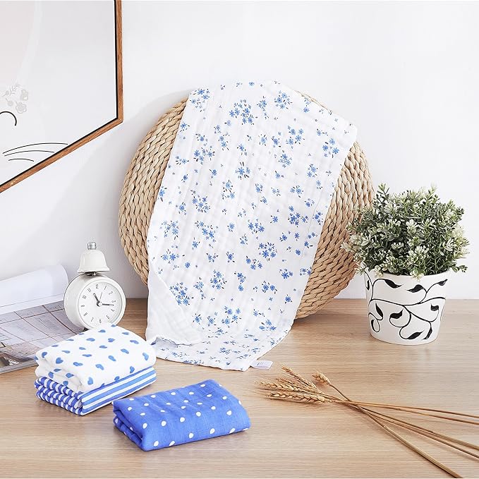 lasoftan Baby Muslin Burp Cloths, 100% Cotton Burping Cloths Super Absorbent Soft, Bath Towel Burp Cloths for Baby Girl Boy, Great Gift for Newborn, 10 x 20 inch, 4 Pack (Heart & Flowers)