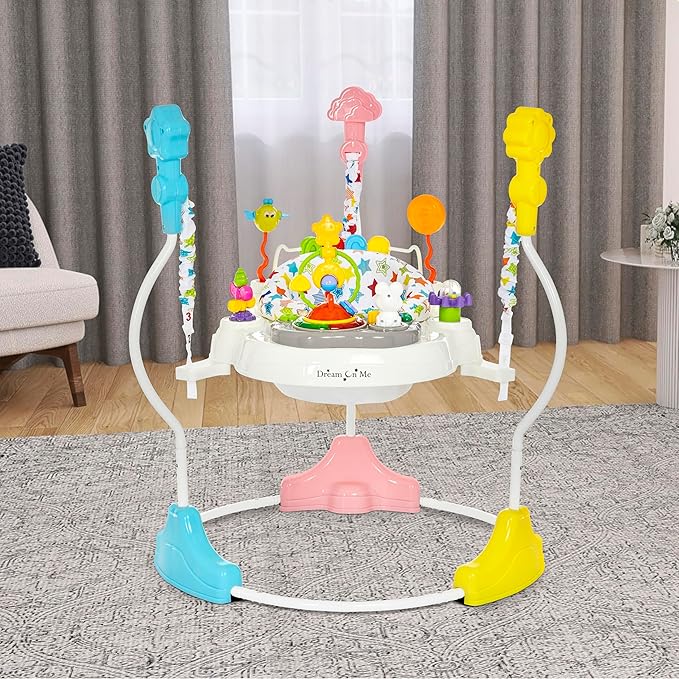 Dream On Me 2-in-1 Baby Activity Center & Bouncer Jumper, 360° Rotating Seat, 3-Height Adjustable, 12 Melodies with Lights & Interactive Toys, Promotes Early Development - Star Print