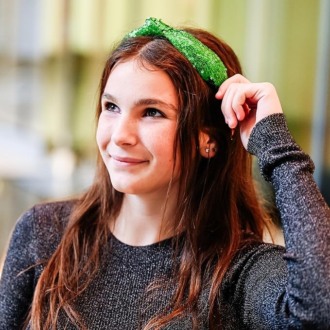 FROG SAC St. Patrick's Day Knot Headband for Girls, Green Sequin Knotted Hair Band Accessories for Kids, Sparkly Iridescent Little Girl Headbands for Children, Cute Sparkle Head Band